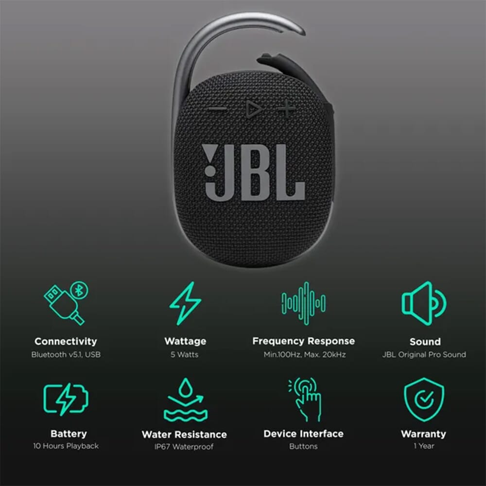 JBL Clip 4, Wireless Bluetooth Speaker- Black- 10 Hrs Play Time